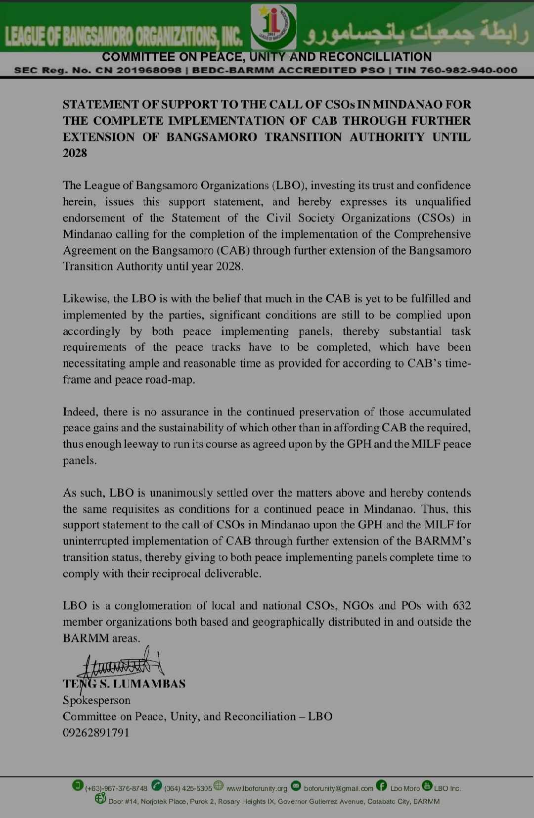 STATEMENT OF SUPPORT TO THE CALL OF CSOs IN MINDANAO FOR THE COMPLETE ...